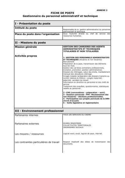 FICHE DE POSTE Gestionnaire Du Personnel Administratif CDG69