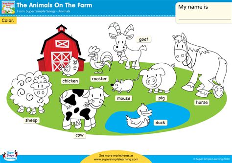 Draw farm animals by using triangles, squares, rectangles, circles, ovals, crescents, and curves. The Animals On The Farm Worksheet - Color The Animals - Super Simple
