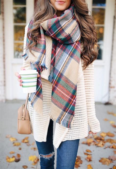 Beige And Red Green And Blue Grey And White Plaid Scarf Worn With An