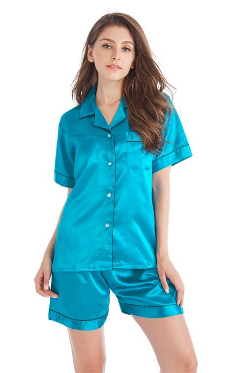 Womens Silk Satin Pajama Set Short Sleeve Deep Ocean Green With Blac