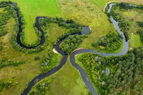 Top View Drone Shot Of A Green Field Forest And River — Stock Photo