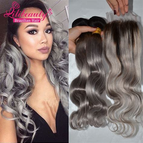 8a Ombre Brazilian Body Wave Grey Hair Weave 3pcs With Closure Grey