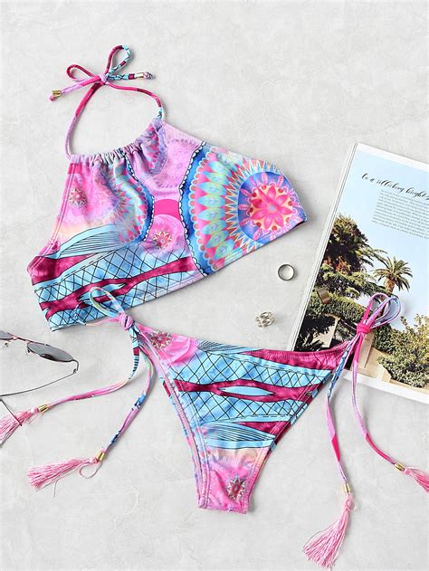 Mixed Print Tassel Tie Halter Bikini Set Sheinsheinside