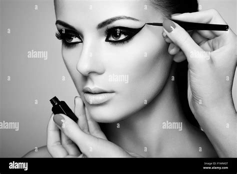 Makeup Artist Applies Eye Shadow Beautiful Woman Face Perfect Makeup Black And White Photo