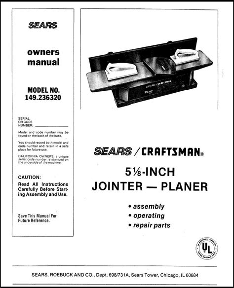 Operator Instruction Parts Manual Sears Craftsman Inch Jointer