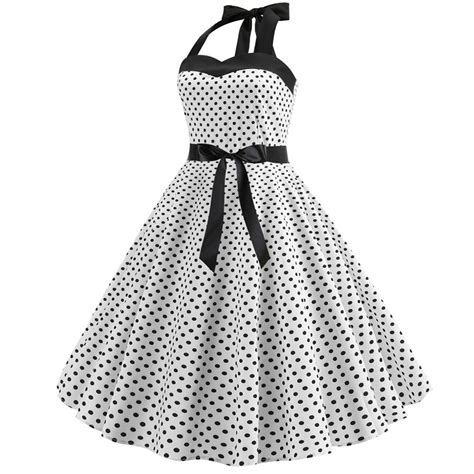 Sexy Retro White Polka Dot Dress 2019 Audrey Hepburn Vintage Halter Dress 50s 60s Gothic Pin Up