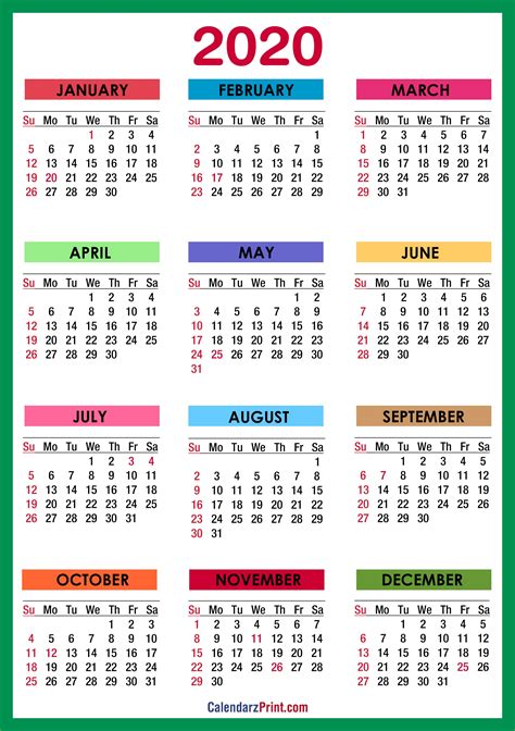 2020 Calendar With Holidays Printable Free Colorful Blue Green