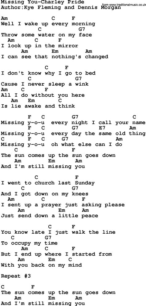 Country Musicmissing You Charley Pride Lyrics And Chords