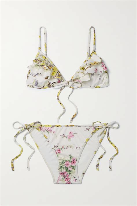 Zimmermann Jude Ruffled Floral Print Triangle Bikini In Off White