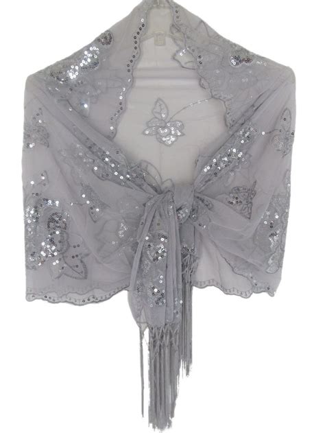 Sheer Silver Flower Sequin Fringed Evening Wrap Shawl For Prom Wedding