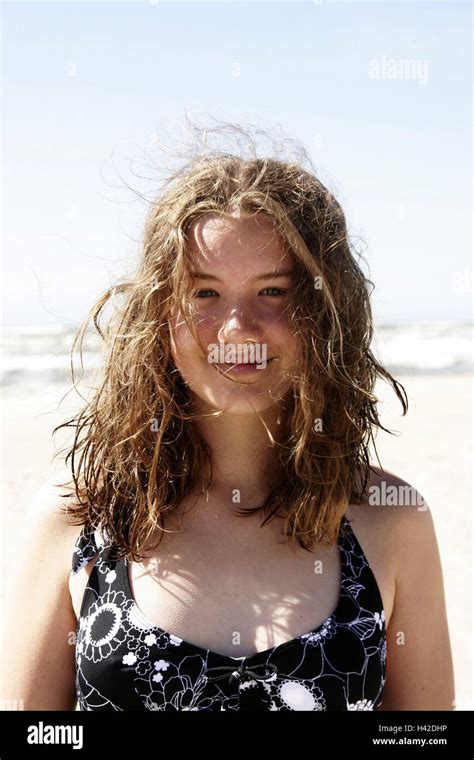 Beach Girls Hair Smiles Ruffled Portrait People Teenagers