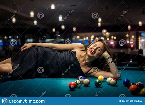 Girl Lies On The Snooker Table Among The Balls Stock Photo Image Of Looking Fashion