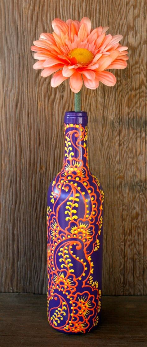 Hand Painted Wine Bottle Vase Up Cycled Purple Orange And