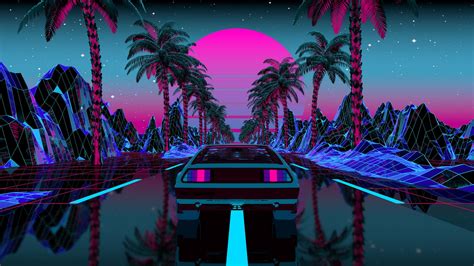 Car On Road Between Palm Trees 4k Hd Vaporwave Wallpapers