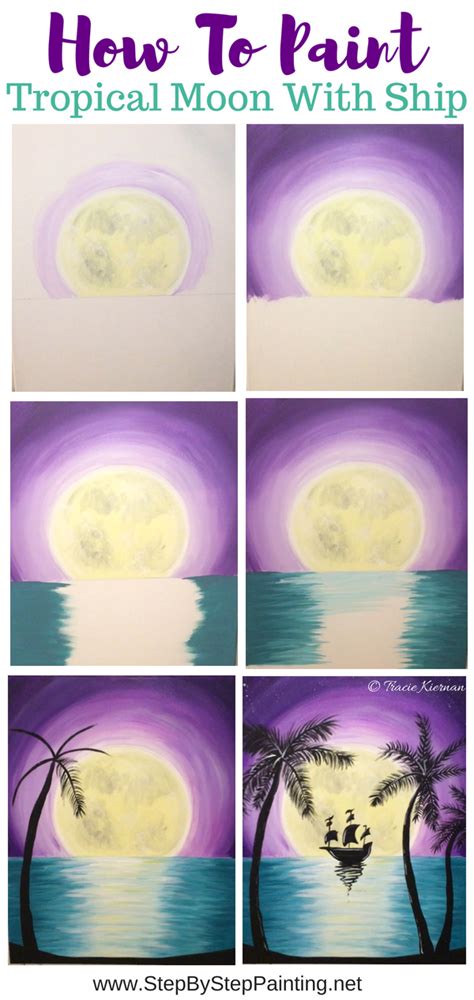 How To Paint Tropical Moon Rise With Ship Silhouette Painting