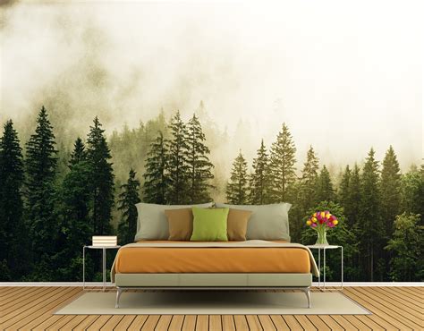 Wall Mural Bedroom Wallpaper Green Rainy Forest Mural Peel And Etsy