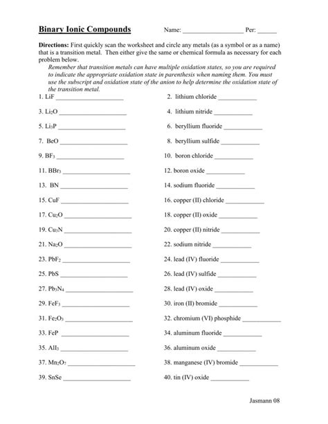 Naming Binary Compounds Worksheet