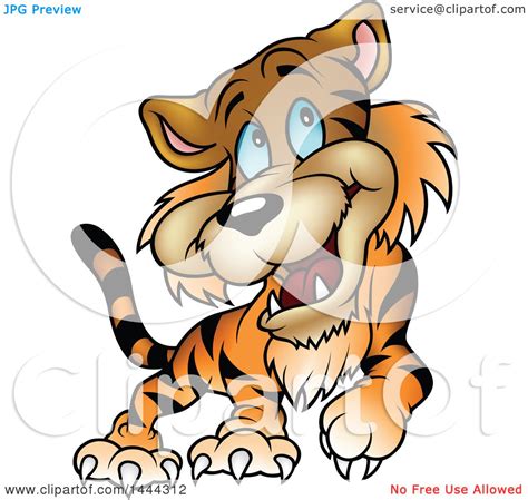 Clipart Of A Cartoon Happy Blue Eyed Tiger Walking Royalty Free