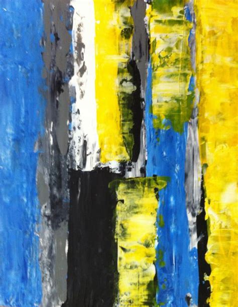 Acrylic Abstract Art Painting Yellow White Black Blue Grey