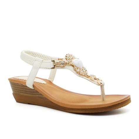 Womens Low Wedge Heel Diamante Sandals Ladies Toe Post Summer Slingback