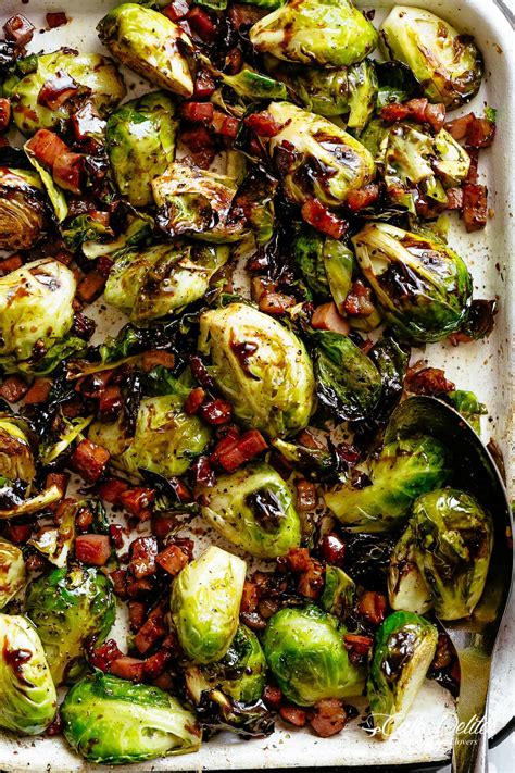 Brussels sprouts are sliced very thin and tossed with pancetta and caramelized onions to make a savory topping for these crispy flatbreads. Roasted Brussels Sprouts with Bacon - Cafe Delites