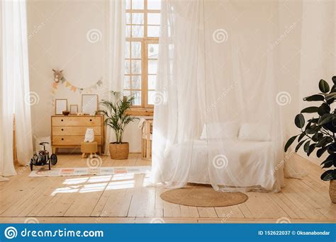 Chalet Bedroom Interior With Cozy Canopy Bed Lodge Stock