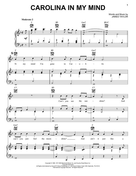 Carolina In My Mind Sheet Music James Taylor Piano Vocal And Guitar