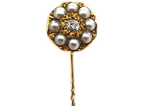 Victorian 15ct Gold Natural Split Pearl And Diamond Tie Pin 282m The