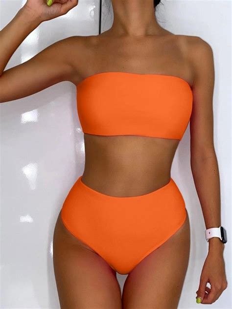 Off Zaful High Waisted Bandeau Bikini Set In Bright Orange