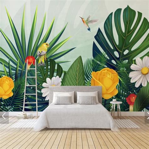 Tropical Plant Leaves Wall Mural Color Parrot Flower Wallpaper 3d