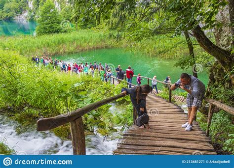 Nature Landscape Tourists On Footbridge Plitvice Lakes National Park