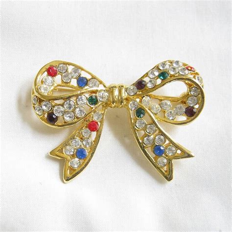 vintage multi colored rhinestone bow brooch etsy