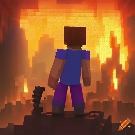 Steve From Minecraft Standing In A Burning Village