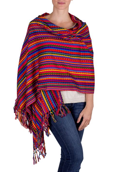 Guatemalan Hand Woven Cotton Shawl In Primary Colors Valley Of Flowers Novica