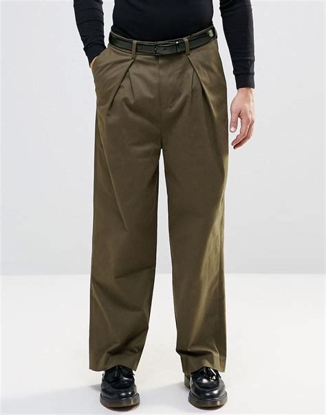 Asos Wide Leg Smart Trousers In Khaki At Cotton Pants Men
