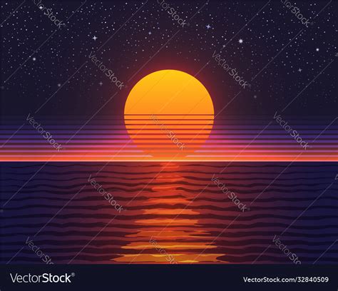 Retro 80s Sunset Over Big Water Royalty Free Vector Image