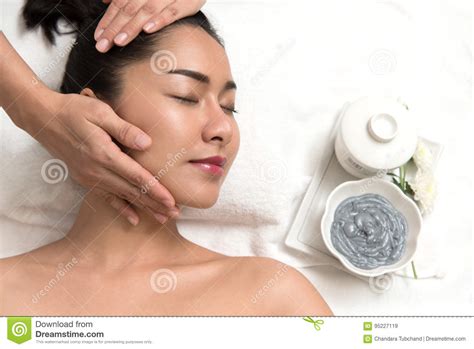 Woman Lying And Preparation Face Or Head Massage In Spa Stock Image