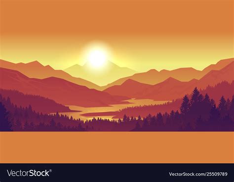 Mountain Sunset Landscape Realistic Pine Forest Vector Image