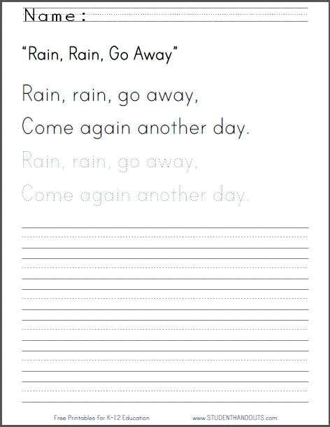 Free cursive handwriting worksheet with lowercase small letters ( 26 alphabet letters ) in printable format. Rain Rain Go Away - Nursery rhyme worksheet with ...