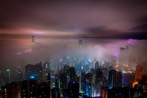 Hong Kong Buildings Night Lights Mist Hd World 4k Wallpapers Images