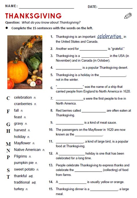 Thanksgiving Worksheet Esl A1