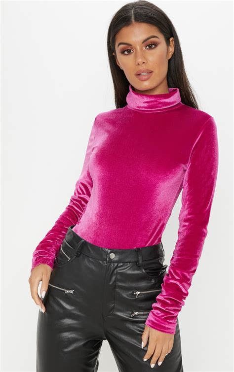 Hot Pink Velvet Ruched Sleeve Bodysuit Tops Prettylittlething Il