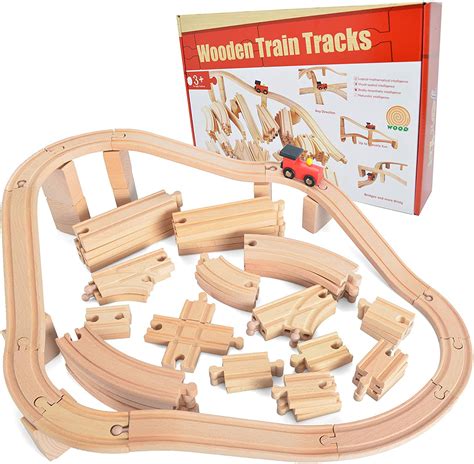 62 Pieces Wooden Train Track Expansion Set 1 Bonus Toy Train New