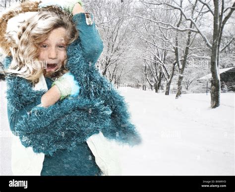 Freezing Cold Seven Year Old Girl In Snow Storm Outside Stock Photo Alamy