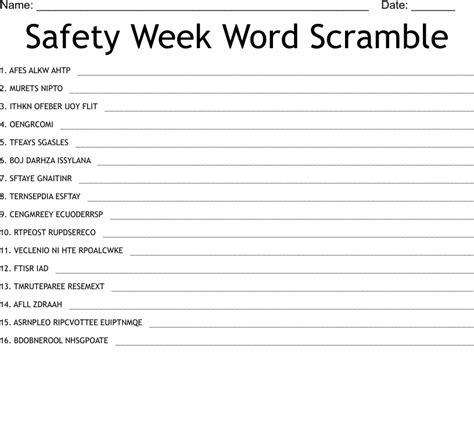Safety Week Word Scramble Wordmint