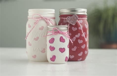 Heart Stamped Valentines Day Mason Jars Sprinkled And Painted At Ka