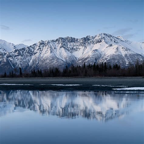 Download Wallpaper 3415x3415 Mountains Lake Shore Reflection