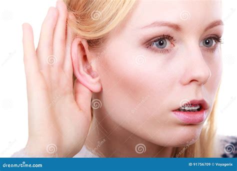 Woman Listening Carefully With Hand Close To Ear Stock Image Image Of
