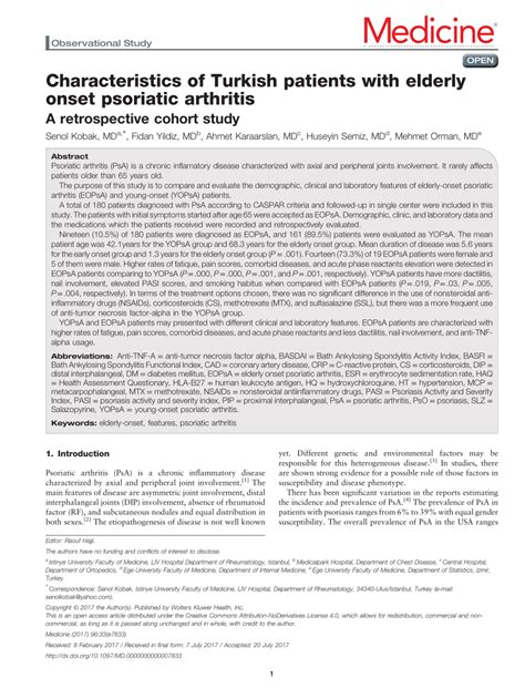 Pdf Characteristics Of Turkish Patients With Elderly Onset Psoriatic