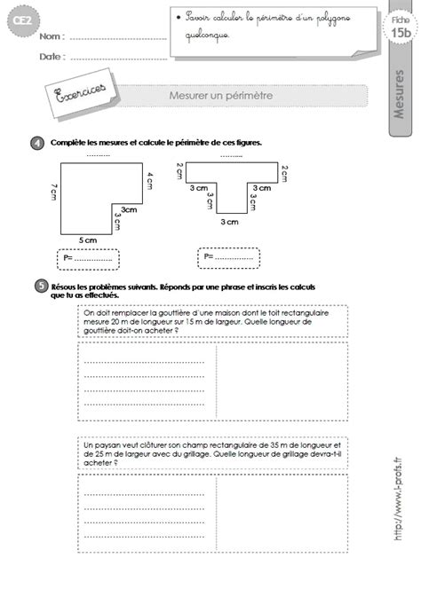 Fiches imprimables gratuites en français : Exercice sur le périmètre ce2 - Tcbo